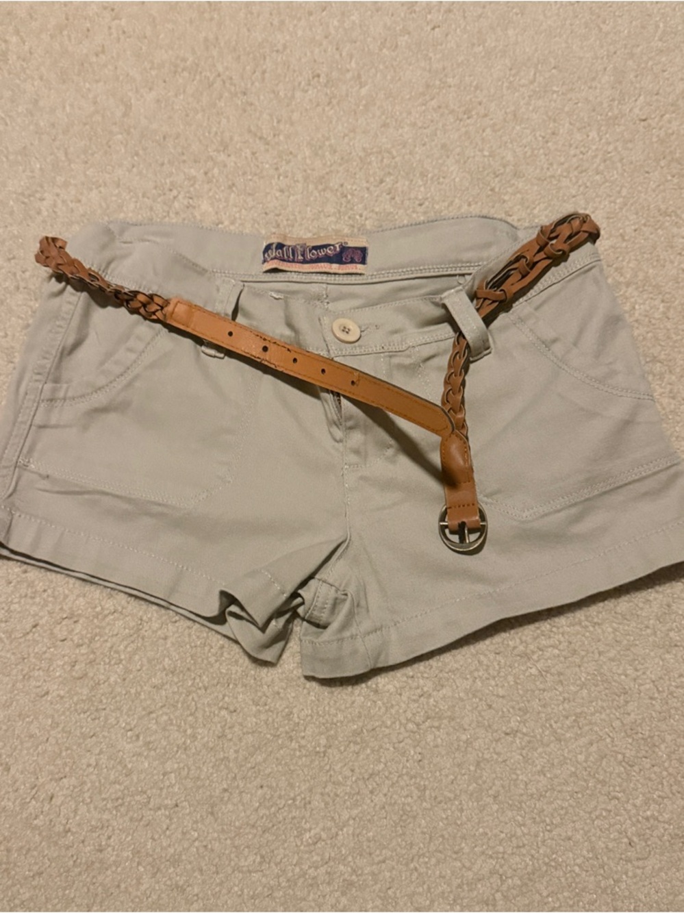 Wallflower Light Gray High-Waist Women’s Shorts with Brown Braided Belt